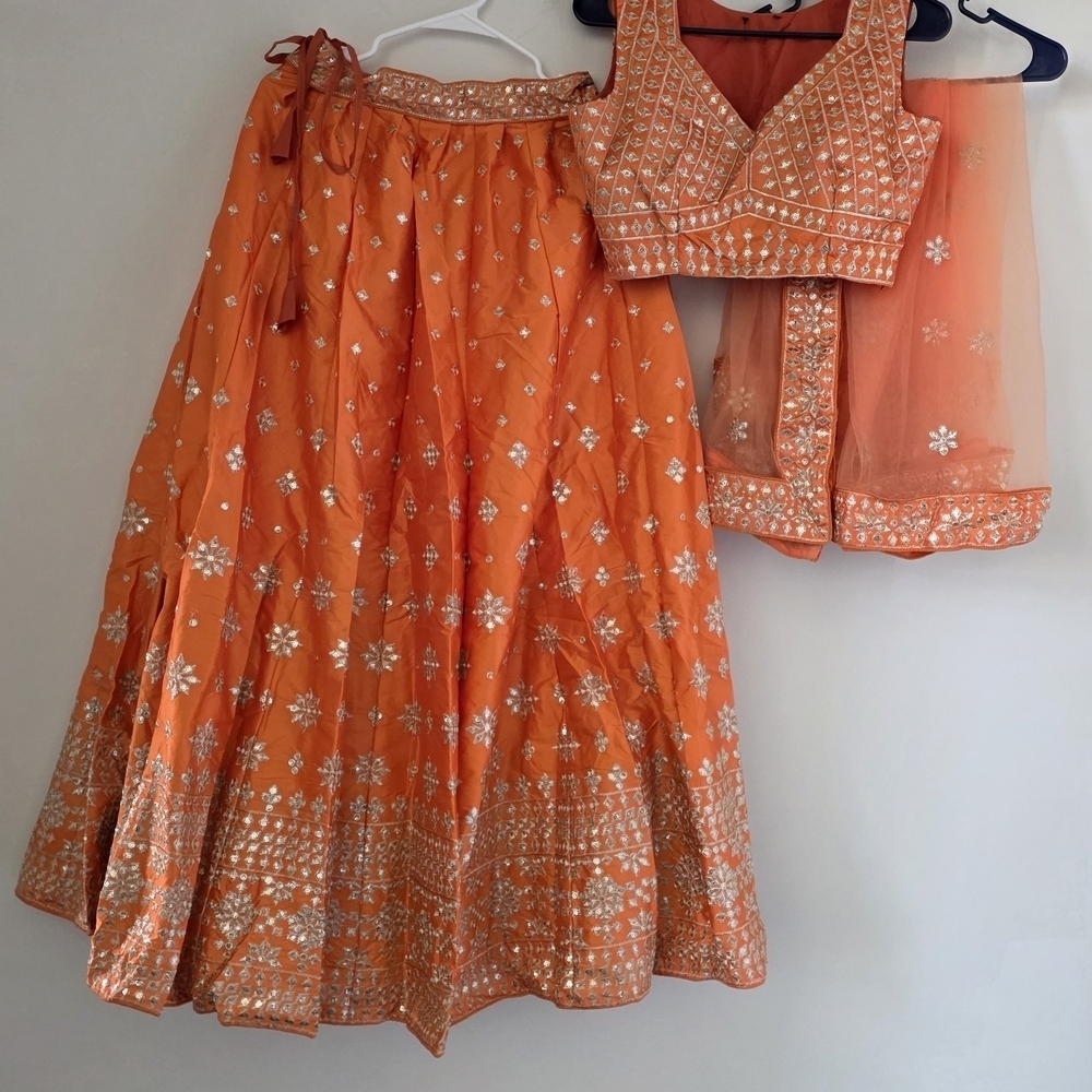 Delightful Orange Sequins, Zari With Embroidered Devsena Silk Lehenga Choli - Picture 4 of 13